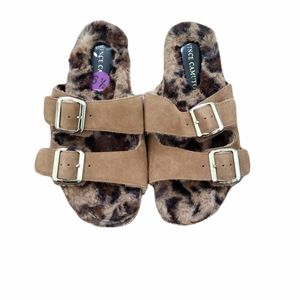 Vince camuto Women leopard print manissa faux fur slides size 6.5 (worn once)